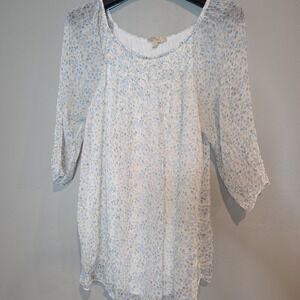 Giusy Made in Italy Floral Tunic Top Womens S Blue White Sheer Blouse Smocked